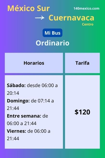 Imagen con los horarios de salida de los autobuses Mi Bus de México Taxqueña a Cuernavaca